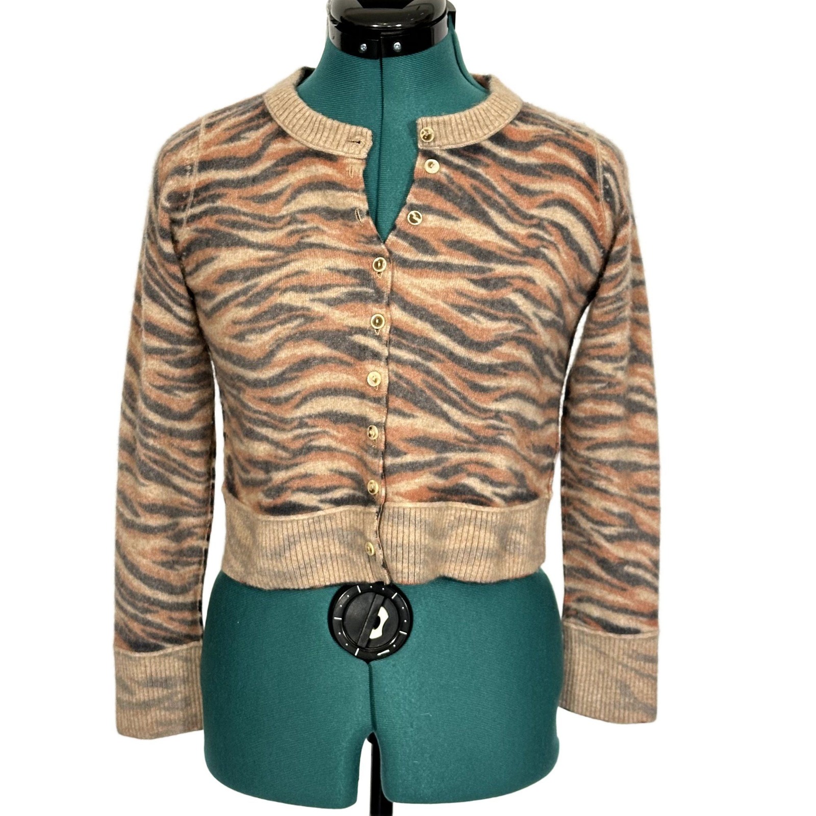 Free People Cardigan Sweater Women Small Brown Tiger Print Wool Cashmere Euc